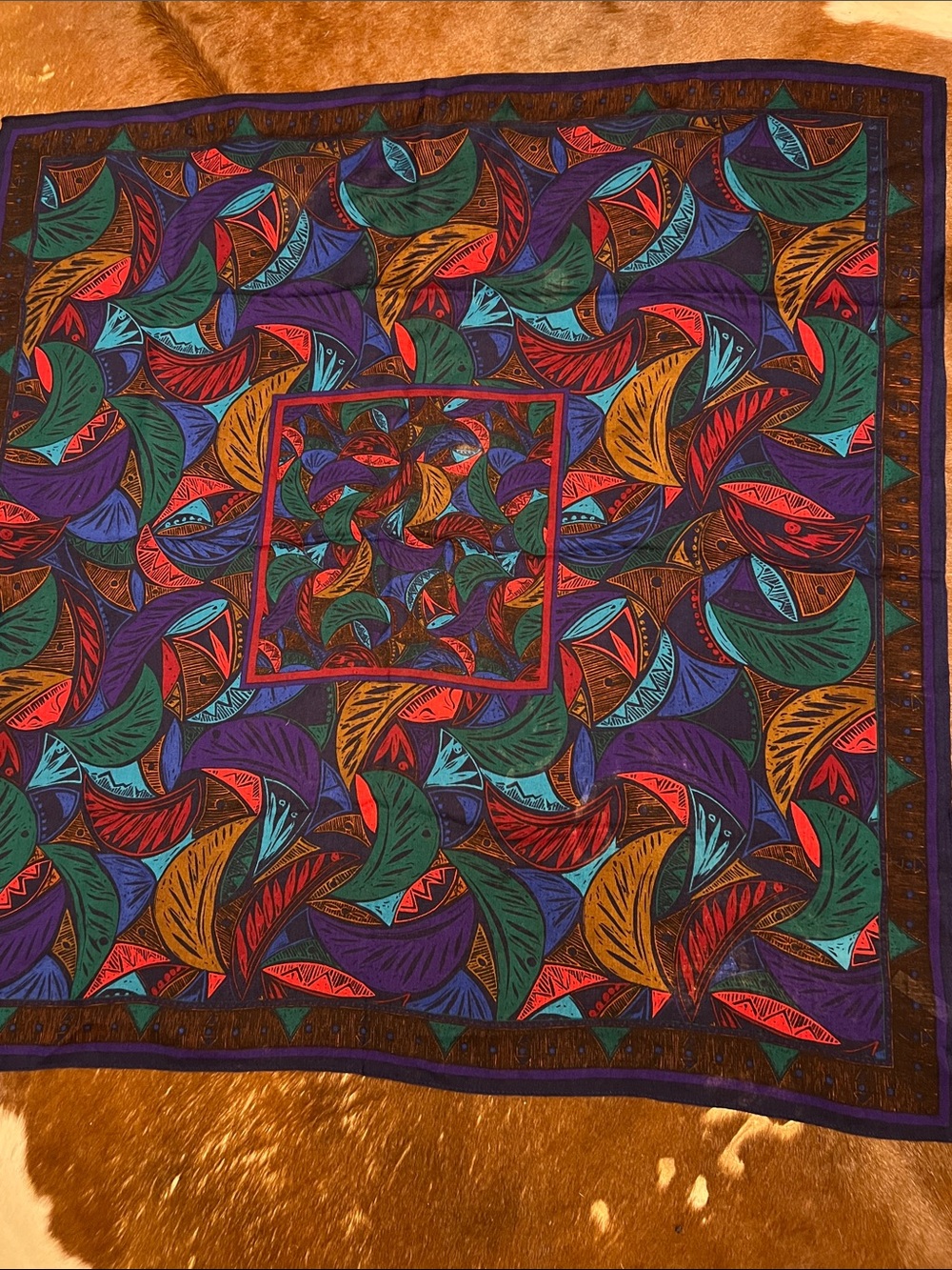 100% Wool Perry Ellis Geometric Print Scarf in Blue, Teal, Purple & Red, Japan - Picture 4 of 10